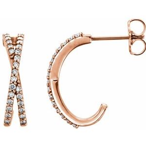 Ladies Natural Diamond Criss-Cross J-Hoop Earrings (I1, G-H) — 14K Rose Gold