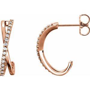 Ladies Natural Diamond Criss-Cross J-Hoop Earrings (I1, G-H) — 14K Rose Gold
