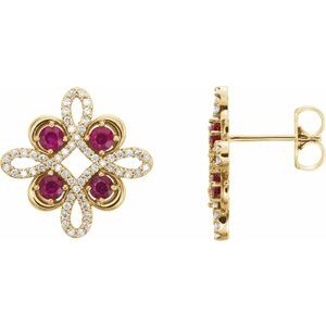 Ladies Natural Ruby Natural Diamond Earrings — 14K Yellow Gold