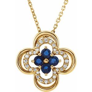 Ladies Natural Blue Sapphire Natural Diamond Clover Necklace (I1, G-H) — 14K Yellow Gold