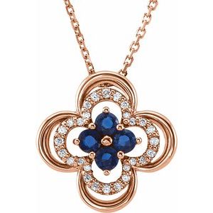 Ladies Natural Blue Sapphire Natural Diamond Clover Necklace (I1, G-H) — 14K Rose Gold