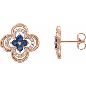 Ladies Natural Blue Sapphire Natural Diamond Clover Earrings — 14K Rose Gold