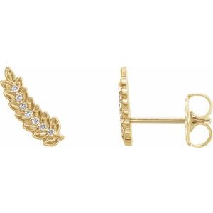 Ladies Natural Diamond Leaf Ear Climbers — 14K Yellow Gold