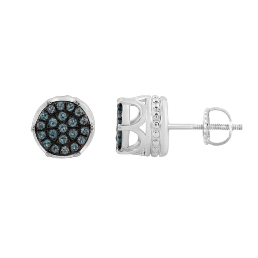 Elegant 0.16Ct Round & Blue Diamond Men’S Earring In Sterling Silver Cluster Design Statement Stud