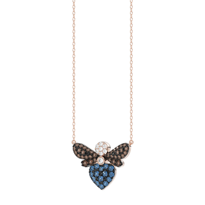 14K Rose Gold Ladies Butterfly Necklace With Colorful Diamond Accents In Blue, Dark Brown, And Round Cuts. A Stylish 0.33 Ct Jewelry Necklace