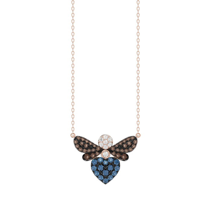 14K Rose Gold Ladies Butterfly Necklace With Colorful Diamond Accents In Blue, Dark Brown, And Round Cuts. A Stylish 0.33 Ct Jewelry Necklace