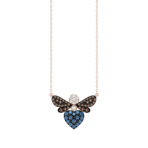 14K Rose Gold Ladies Butterfly Necklace With Colorful Diamond Accents In Blue, Dark Brown, And Round Cuts. A Stylish 0.33 Ct Jewelry Necklace