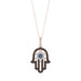 Elegant 14K Rose Gold Hamsa Hand Pendant For Women Featuring 0.50 Ct Round, Dark Brown, And Blue Diamonds. Includes Chain For A Complete Luxury Look.