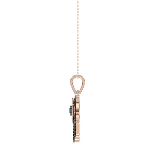 Elegant 14K Rose Gold Hamsa Hand Pendant For Women Featuring 0.50 Ct Round, Dark Brown, And Blue Diamonds. Includes Chain For A Complete Luxury Look.