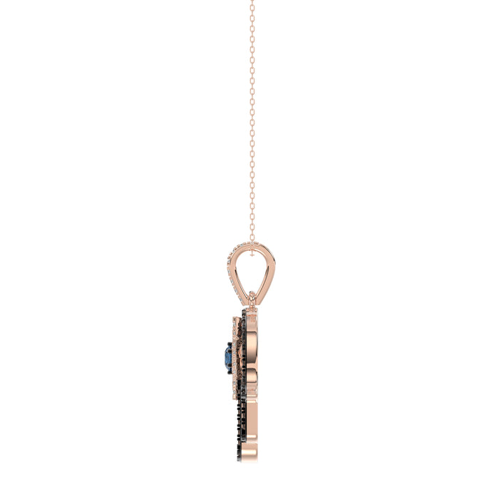 Elegant 14K Rose Gold Hamsa Hand Pendant For Women Featuring 0.50 Ct Round, Dark Brown, And Blue Diamonds. Includes Chain For A Complete Luxury Look.
