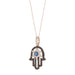 Elegant 14K Rose Gold Hamsa Hand Pendant For Women Featuring 0.50 Ct Round, Dark Brown, And Blue Diamonds. Includes Chain For A Complete Luxury Look.