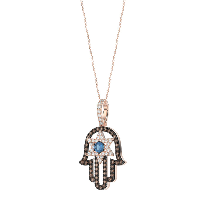 Elegant 14K Rose Gold Hamsa Hand Pendant For Women Featuring 0.50 Ct Round, Dark Brown, And Blue Diamonds. Includes Chain For A Complete Luxury Look.