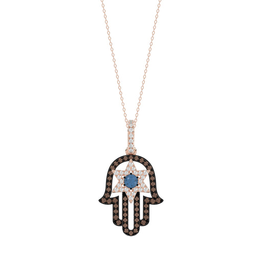 Elegant 14K Rose Gold Hamsa Hand Pendant For Women Featuring 0.50 Ct Round, Dark Brown, And Blue Diamonds. Includes Chain For A Complete Luxury Look.
