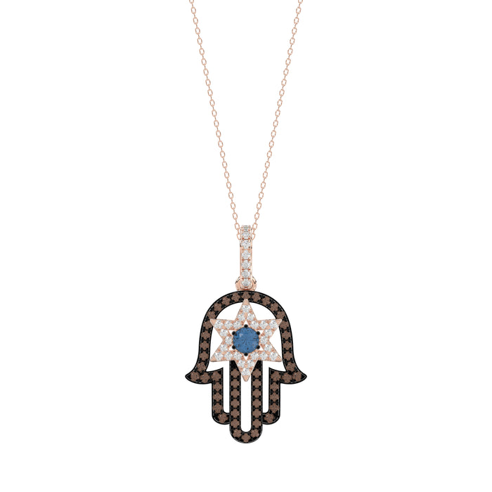 Elegant 14K Rose Gold Hamsa Hand Pendant For Women Featuring 0.50 Ct Round, Dark Brown, And Blue Diamonds. Includes Chain For A Complete Luxury Look.