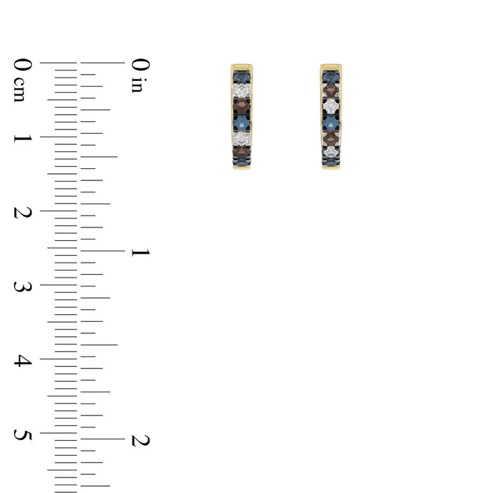 14K Yellow Gold 0.50CT Multi-Color Diamond Huggie Hoop Earrings Round Cut Blue, White Round &Dark  Brown Diamonds