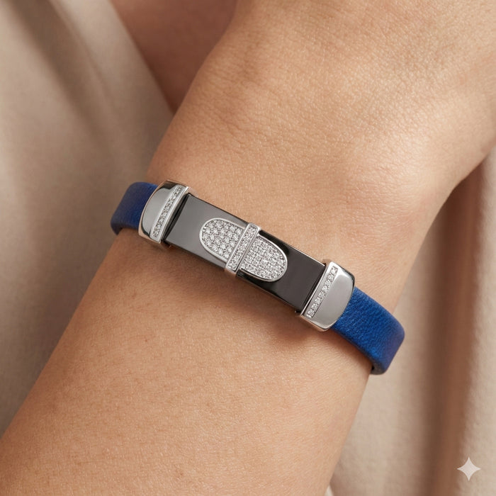 0.25 Ct Round Diamond Men�S Bracelet � Sterling Silver White With Rubber Strap (Blue/Black)