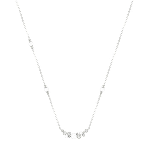 Elegant 14K White Gold Ladies Necklace With Pearl Centerpiece And Round Diamond Accents 0.16Ct. Perfect For Everyday Elegance Or Gifting.