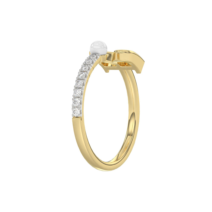 Stylish 10K Yellow Gold Ladies Ring Featuring Letter “R”, Luminous Pearl, And Round Diamond Accents. A Delicate 0.10Ct Fine Jewelry Piece.