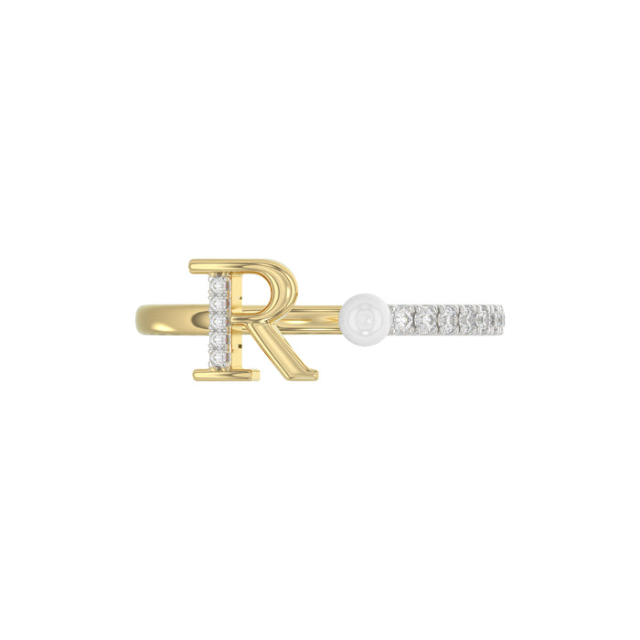 Stylish 10K Yellow Gold Ladies Ring Featuring Letter “R”, Luminous Pearl, And Round Diamond Accents. A Delicate 0.10Ct Fine Jewelry Piece.