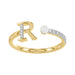Stylish 10K Yellow Gold Ladies Ring Featuring Letter “R”, Luminous Pearl, And Round Diamond Accents. A Delicate 0.10Ct Fine Jewelry Piece.