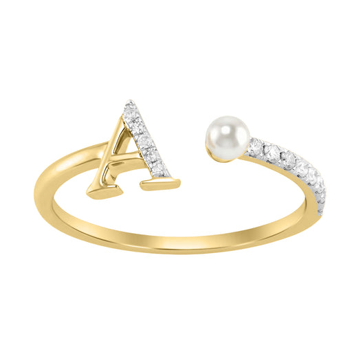 10K Yellow Gold Ladies 0.10CT Round Diamond Pearl “A” Alphabet Ring Elegant Initial Jewelry