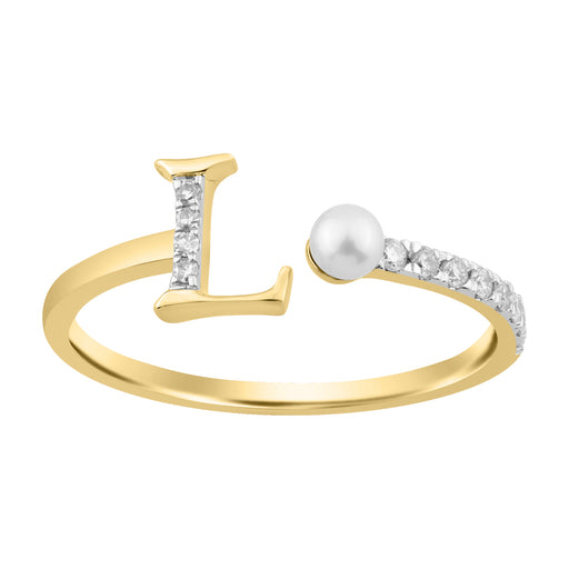 10K Yellow Gold Ladies 0.10CT Round Diamond Pearl “L” Alphabet Ring Elegant Initial Jewelry