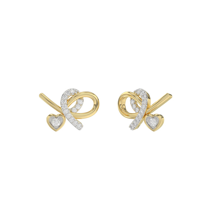 Elegant 10K Yellow Gold Ladies Earrings Featuring A Clustered Heart Design With Twisted Detailing And 0.10 Ct Round Diamonds. Romantic Fine Jewelry Fo