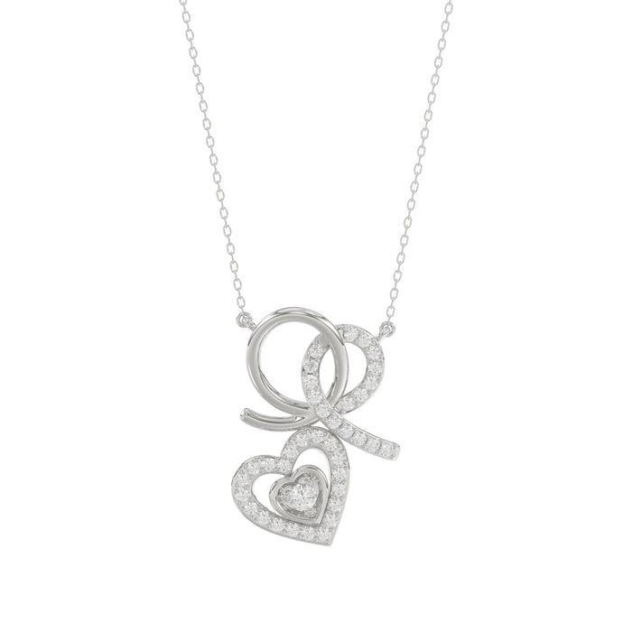 Stylish 10K White Gold 0.15Ct Ladies Necklace Featuring Intertwined Double Hearts And Diamond Accents. A Delicate And Elegant Fine Jewelry