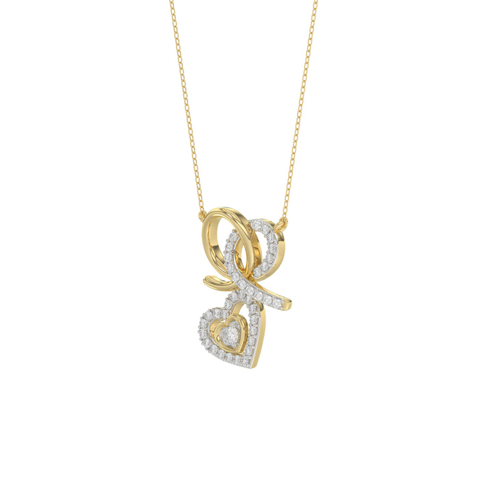 Stylish 10K Yellow Gold 0.15Ct Ladies Necklace Featuring Intertwined Double Hearts And Diamond Accents. A Delicate And Elegant Fine Jewelry
