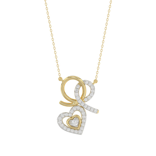 Stylish 10K Yellow Gold 0.15Ct Ladies Necklace Featuring Intertwined Double Hearts And Diamond Accents. A Delicate And Elegant Fine Jewelry