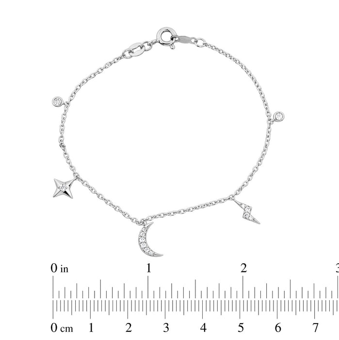 Women�S Sterling Silver White Bracelet � 0.20Ct Round Diamonds, Stars & Moon Design