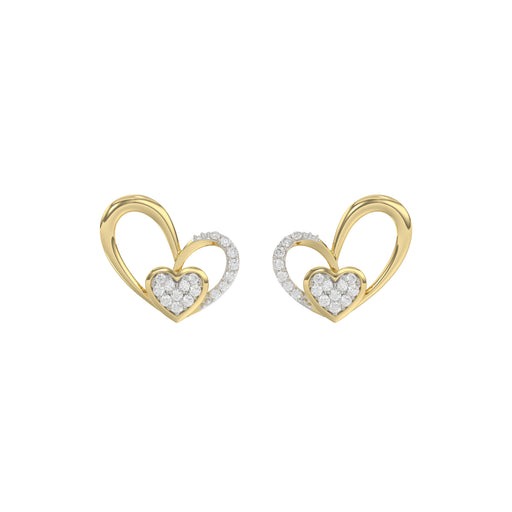Elegant 10K Yellow Gold Fashion Earrings Featuring A Double Heart Design With 0.15 Ct Round Diamonds. A Romantic And Stylish Ladies Jewelry