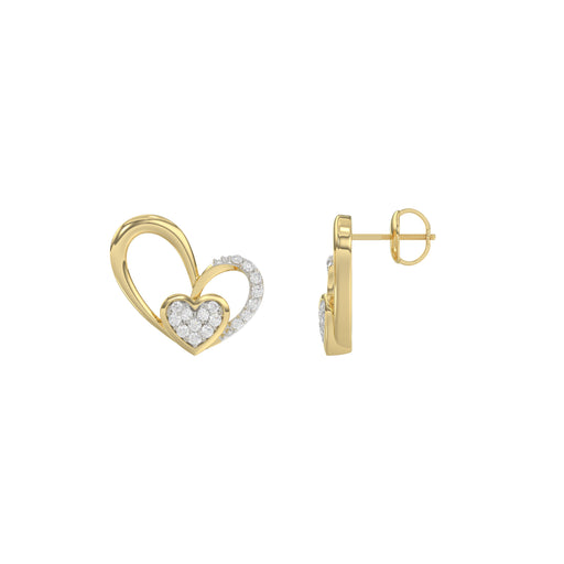 Elegant 10K Yellow Gold Fashion Earrings Featuring A Double Heart Design With 0.15 Ct Round Diamonds. A Romantic And Stylish Ladies Jewelry