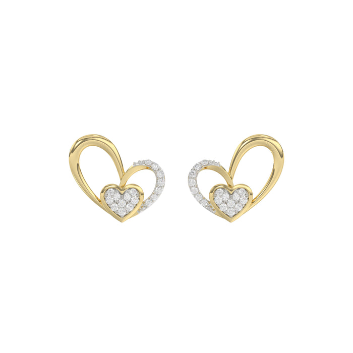 Elegant 10K Yellow Gold Fashion Earrings Featuring A Double Heart Design With 0.15 Ct Round Diamonds. A Romantic And Stylish Ladies Jewelry