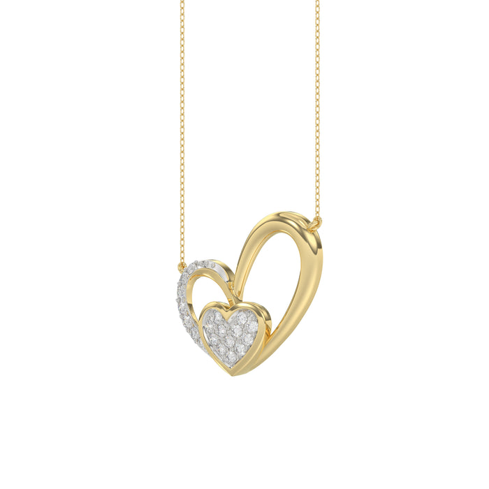 Elegant 10K Yellow Gold Fashion Pendant Featuring A Double Heart Design With 0.15 Ct Round Diamonds. A Romantic And Stylish Ladies Jewelry