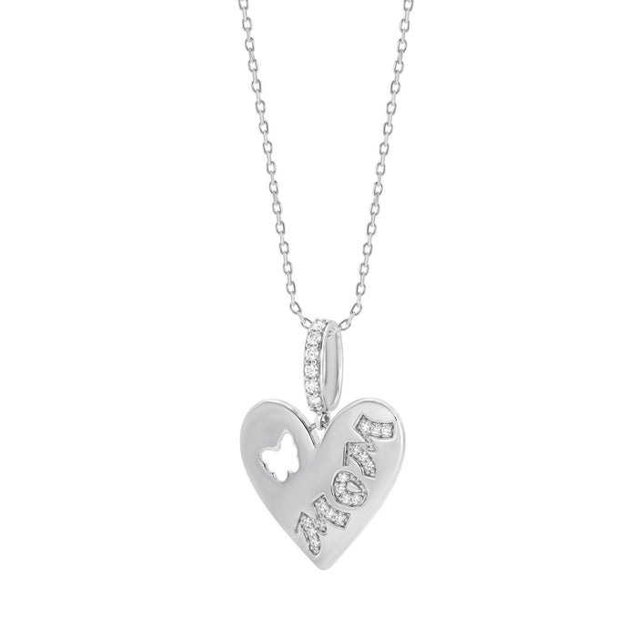 Mom Heart Pendant With Chain For Women 0.10Ct Round Diamond Yellow Gold Finish Butterfly Design Pendant