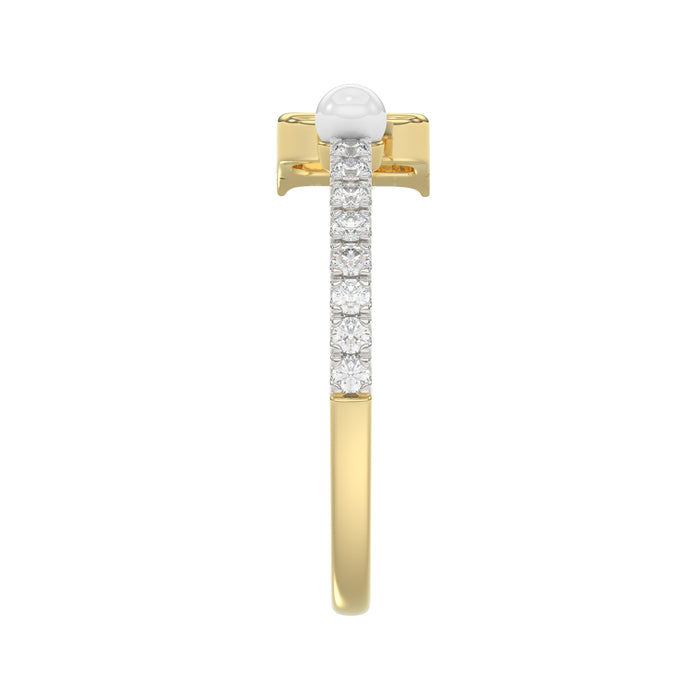 Stylish 10K Yellow Gold Ladies Ring Featuring Letter “B”, Luminous Pearl, And Round Diamond Accents. A Delicate 0.10Ct Fine Jewelry Piece.