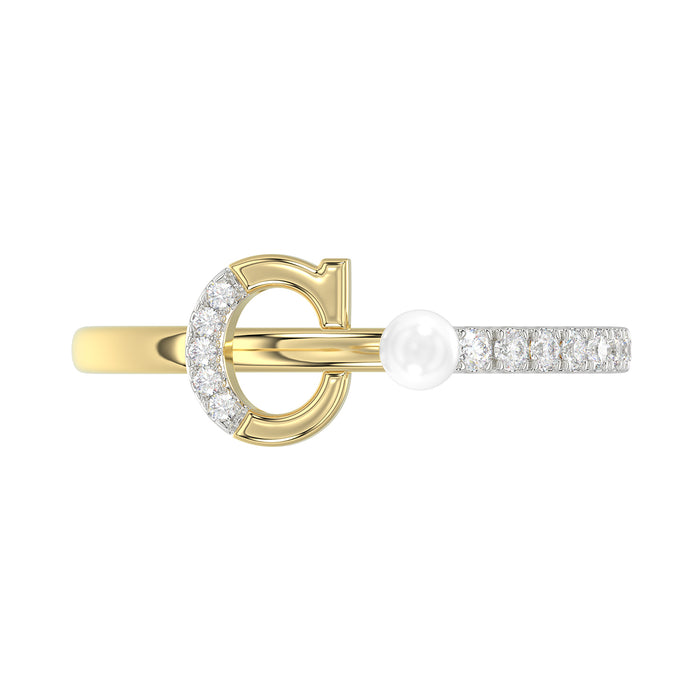 Women�S 10K Yellow Gold Letter �C� Diamond & Pearl Ring 0.10Ct Round Diamond Fine Jewelry