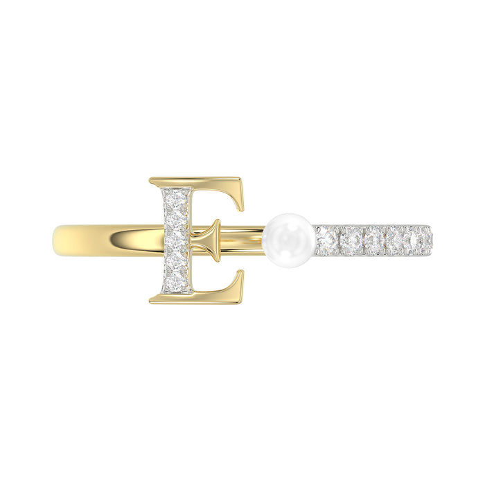 Women�S 10K Yellow Gold Letter �E� Diamond & Pearl Ring 0.10Ct Round Diamond Fine Jewelry