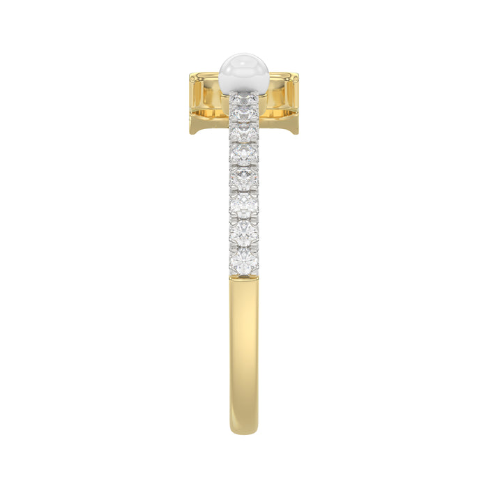 Stylish 10K Yellow Gold Ladies Ring Featuring Letter “H”, Luminous Pearl, And Round Diamond Accents. A Delicate 0.10Ct Fine Jewelry Piece.