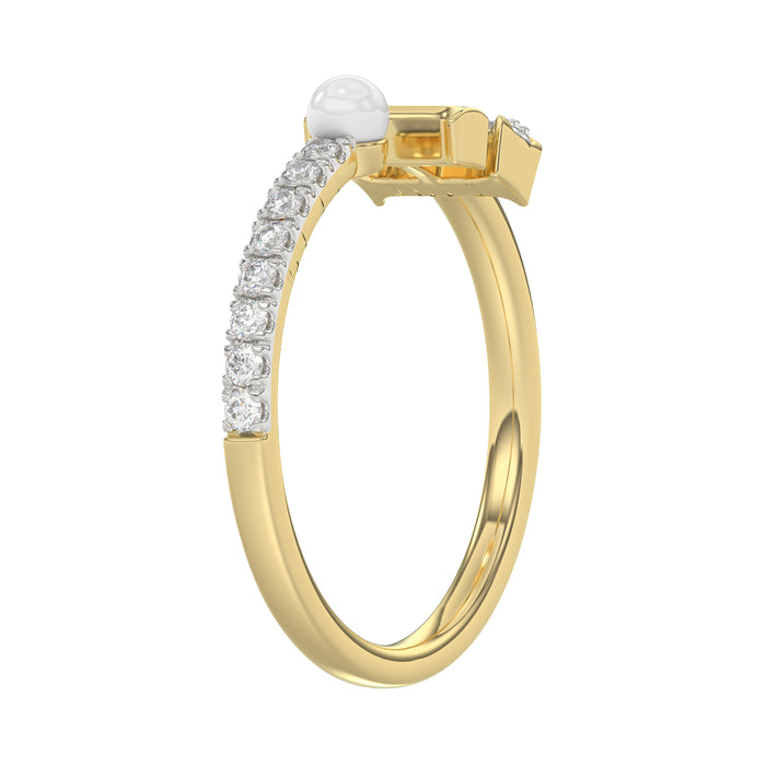 Stylish 10K Yellow Gold Ladies Ring Featuring Letter “H”, Luminous Pearl, And Round Diamond Accents. A Delicate 0.10Ct Fine Jewelry Piece.