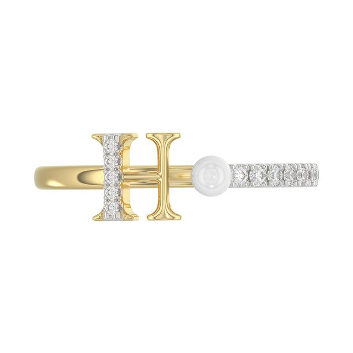 Stylish 10K Yellow Gold Ladies Ring Featuring Letter “H”, Luminous Pearl, And Round Diamond Accents. A Delicate 0.10Ct Fine Jewelry Piece.