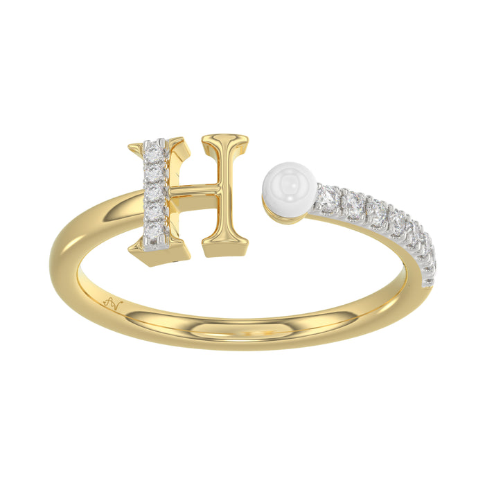 Stylish 10K Yellow Gold Ladies Ring Featuring Letter “H”, Luminous Pearl, And Round Diamond Accents. A Delicate 0.10Ct Fine Jewelry Piece.