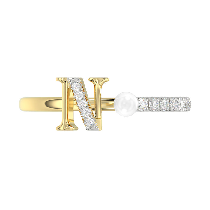 Women�S 10K Yellow Gold Letter �N� Diamond & Pearl Ring 0.10Ct Round Diamond Fine Jewelry