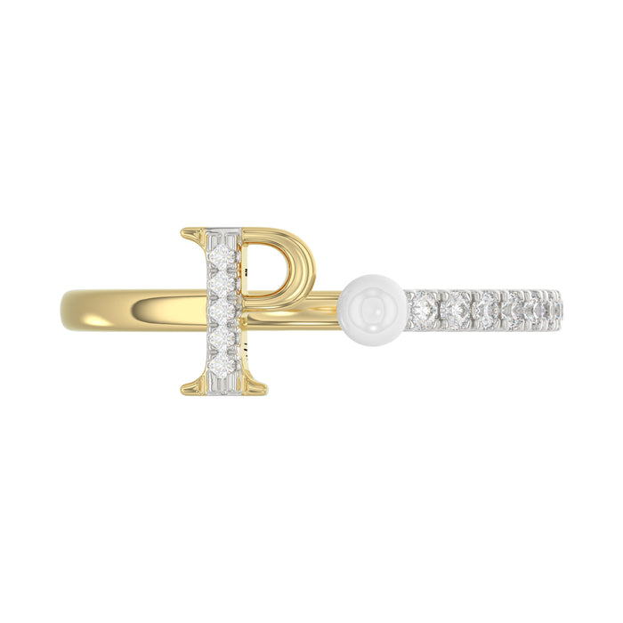 Stylish 10K Yellow Gold Ladies Ring Featuring Letter “P”, Luminous Pearl, And Round Diamond Accents. A Delicate 0.10Ct Fine Jewelry Piece.