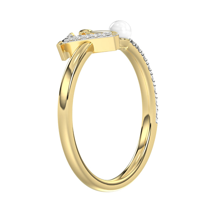 Women’S 10K Yellow Gold Letter “V” Diamond & Pearl Ring 0.10Ct Round Diamond Fine Jewelry