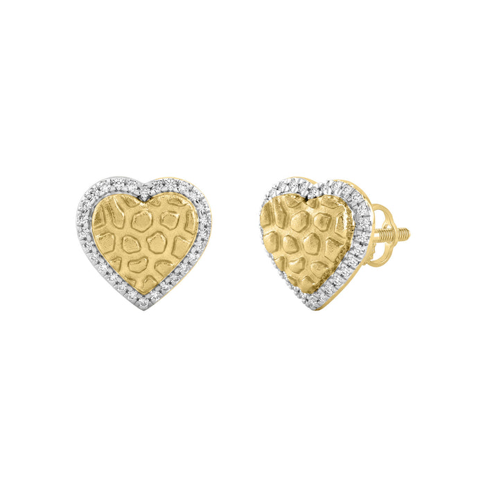 Sterling Silver Nugget Heart Stud Earrings With 0.10Ct Round Diamonds For Women