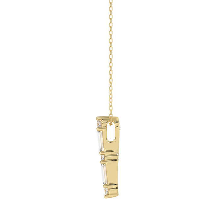 10K Yellow Gold 0.10Ct Diamond Pendant With Chain Featuring Round And Baguette Accents. A Simple Yet Sophisticated Ladies Fine Jewelry Piece.