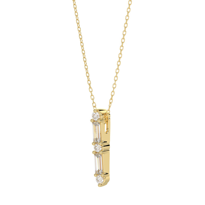 10K Yellow Gold 0.10Ct Diamond Pendant With Chain Featuring Round And Baguette Accents. A Simple Yet Sophisticated Ladies Fine Jewelry Piece.