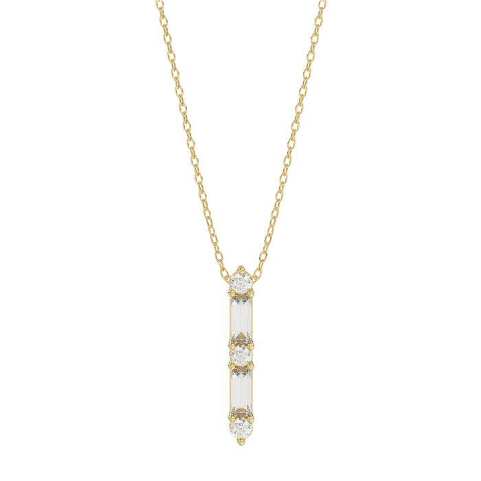10K Yellow Gold 0.10Ct Diamond Pendant With Chain Featuring Round And Baguette Accents. A Simple Yet Sophisticated Ladies Fine Jewelry Piece.